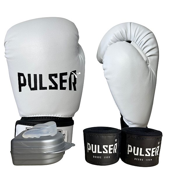 KIT LUVA 08OZ + BANDAGEM + BUCAL - BRANCO COM PRETO - PULSER