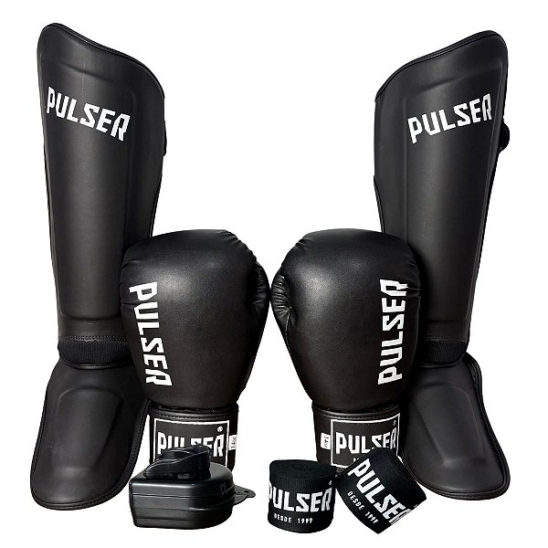 SUPER KIT LUVA 16OZ + CANELEIRA G/30MM + BANDAGEM + BUCAL - PRETO BRANCO CAVEIRA - PULSER