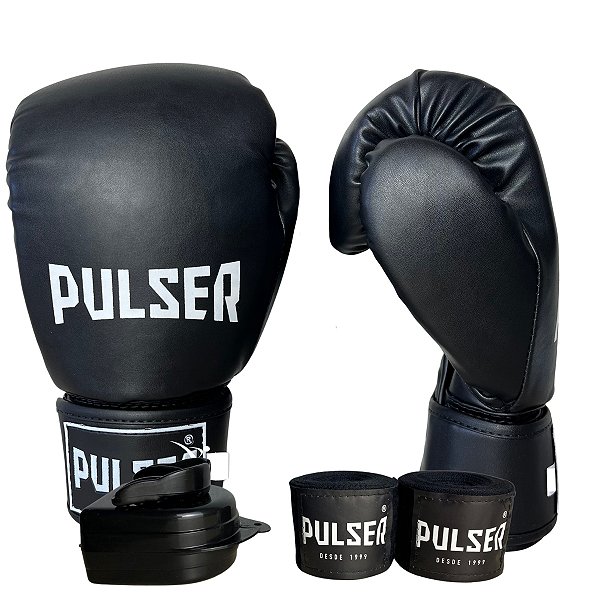 KIT LUVA 10OZ + BANDAGEM + BUCAL - PRETO BRANCO MINIMAL - PULSER