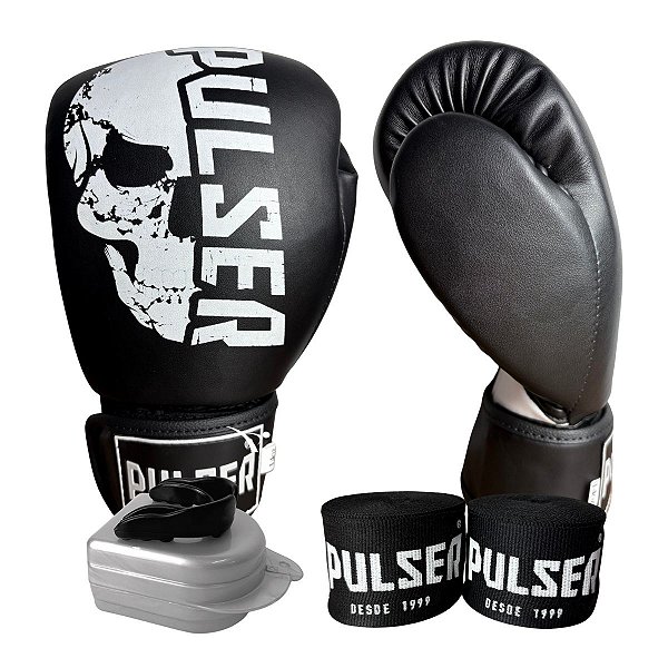 KIT LUVA 10OZ + BANDAGEM + BUCAL - PRETO BRANCO CAVEIRA - PULSER