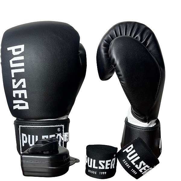 KIT LUVA 12OZ + BANDAGEM + BUCAL - PRETO BRANCO MINIMAL - PULSER