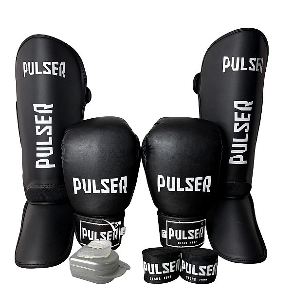 KIT LUVA 10OZ + CANELEIRA G/20MM + BANDAGEM + BUCAL - PRETO BRANCO MINIMAL - PULSER