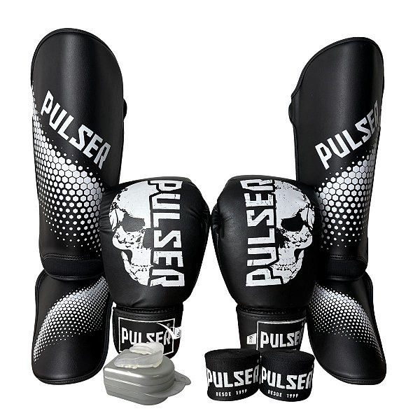 KIT LUVA 10OZ + CANELEIRA G/20MM + BANDAGEM + BUCAL - PRETO BRANCO CAVEIRA - PULSER