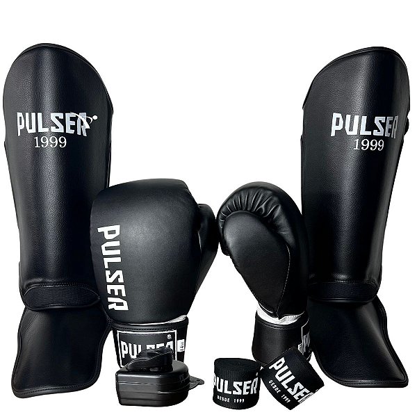 KIT LUVA 12OZ + CANELEIRA M/20MM + BANDAGEM + BUCAL - PRETO BRANCO MINIMAL - PULSER