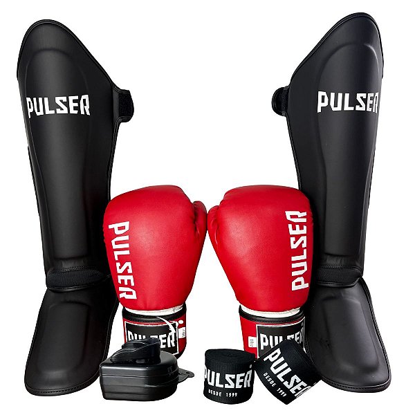 SUPER KIT LUVA 14OZ + CANELEIRA M/30MM + BANDAGEM + BUCAL - VERMELHO MINIMAL - PULSER