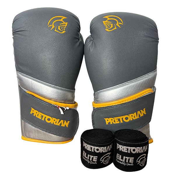 KIT LUVA 14OZ + BANDAGEM ELITE - CINZA COM AMARELO - PRETORIAN