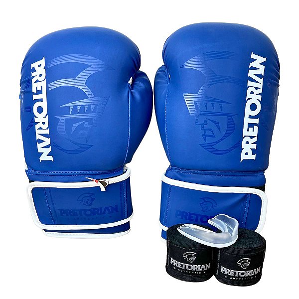 KIT LUVA 16OZ + BANDAGEM + BUCAL FIRST FX2 - AZUL COM PRETO - PRETORIAN