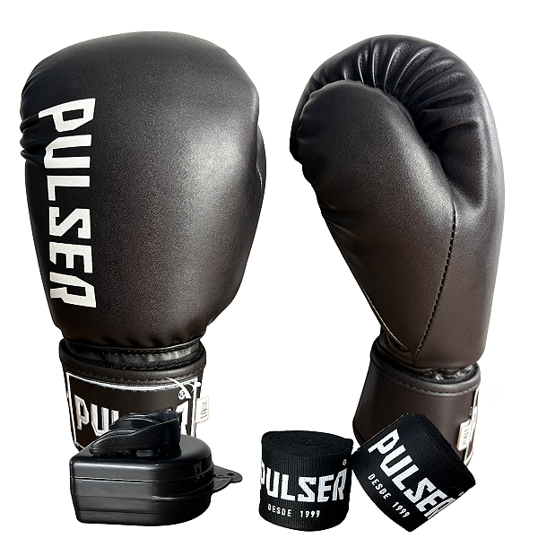 KIT LUVA 10OZ + BANDAGEM + BUCAL - PRETO BRANCO MINIMAL - PULSER