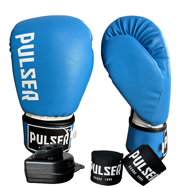 KIT LUVA 10OZ + BANDAGEM + BUCAL - AZUL BRANCO MINIMAL - PULSER