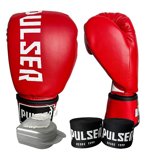 KIT LUVA 10OZ + BANDAGEM + BUCAL - VERMELHO BRANCO MINIMAL - PULSER