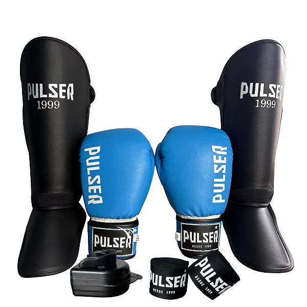 KIT LUVA 12OZ + CANELEIRA M/20MM + BANDAGEM + BUCAL - AZUL BRANCO MINIMAL - PULSER