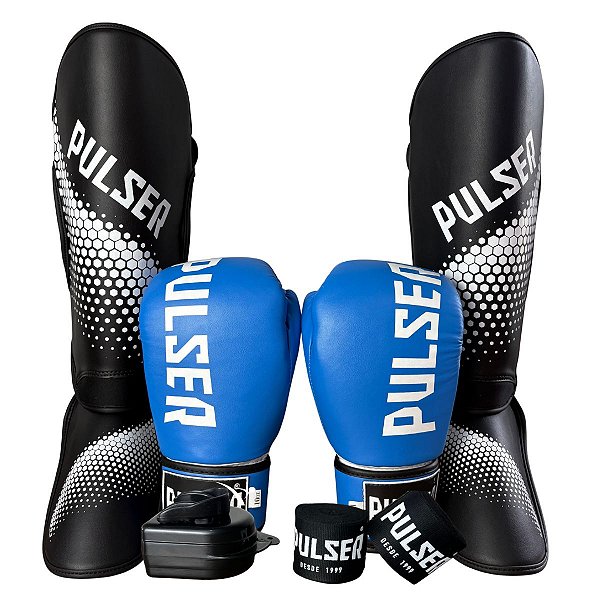 KIT LUVA 12OZ + CANELEIRA M/20MM + BANDAGEM + BUCAL - AZUL BRANCO MINIMAL - PULSER
