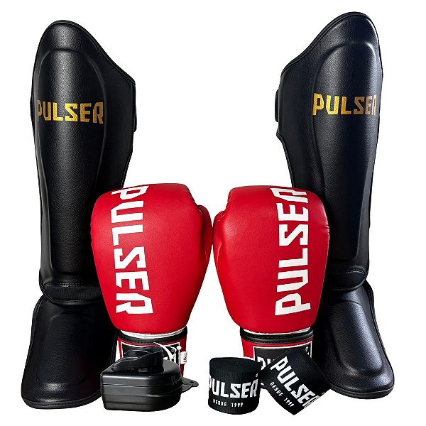 SUPER KIT LUVA 10OZ + CANELEIRA G/30MM + BANDAGEM + BUCAL - VERMELHO BRANCO MINIMAL - PULSER