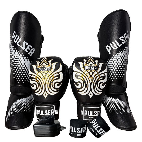KIT LUVA 16OZ + CANELEIRA G/20MM + BANDAGEM + BUCAL - PRETO IMPERIAL - PULSER