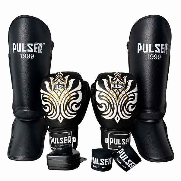 KIT LUVA 16OZ + CANELEIRA G/20MM + BANDAGEM + BUCAL - PRETO IMPERIAL - PULSER