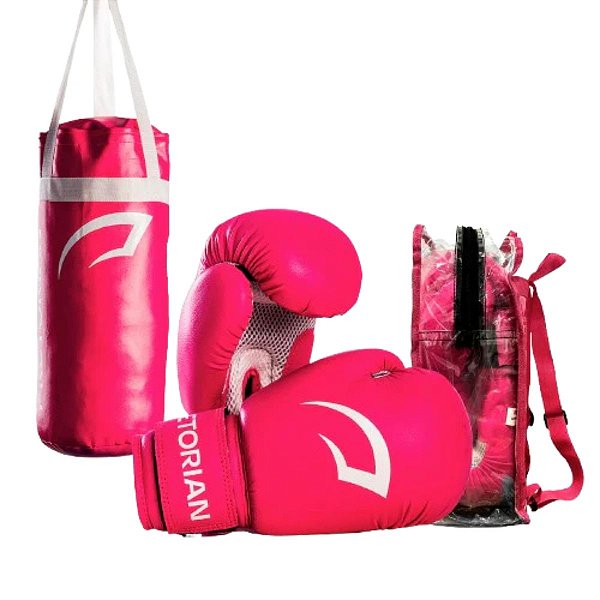KIT BOXE E MUAY THAI INFANTIL COM MOCHILA - ROSA COM BRANCO - PRETORIAN