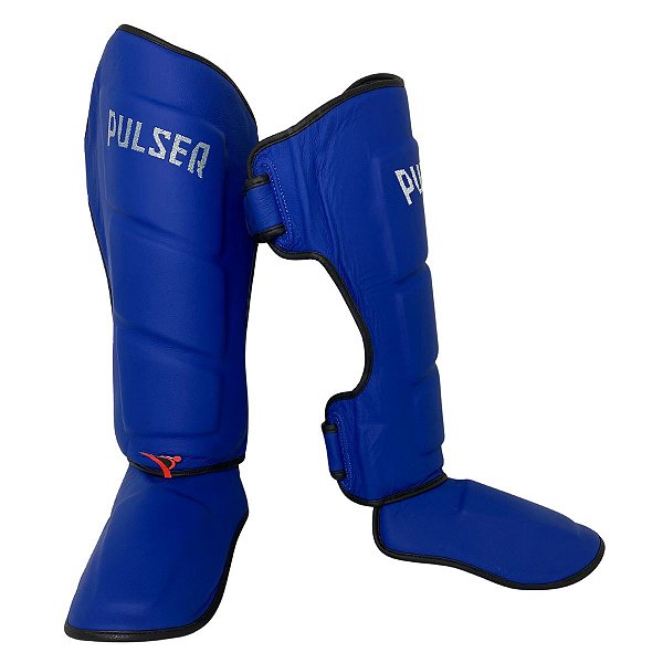Caneleira Muay Thai MMA Kickboxing Tamanho Grande 40mm COURO LEGITIMO - Azul - Pulser