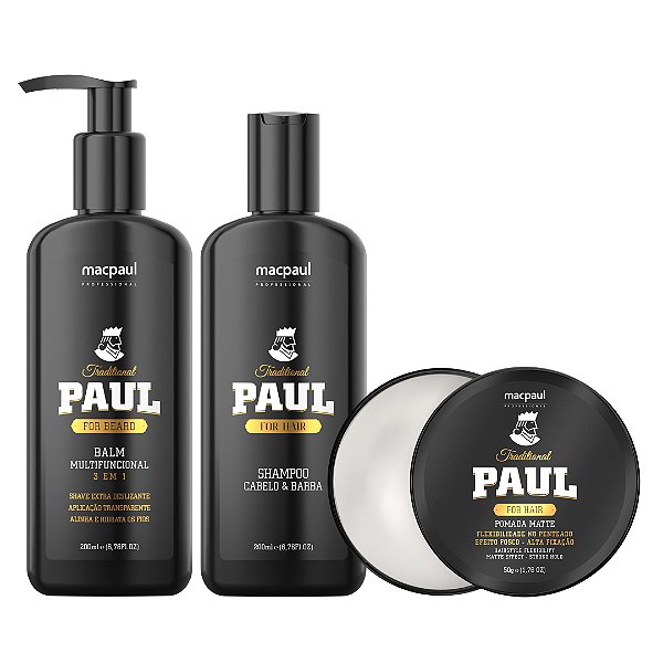 Kit Para Cabelo e Barba Shampoo Balm e Pomada Traditional Paul