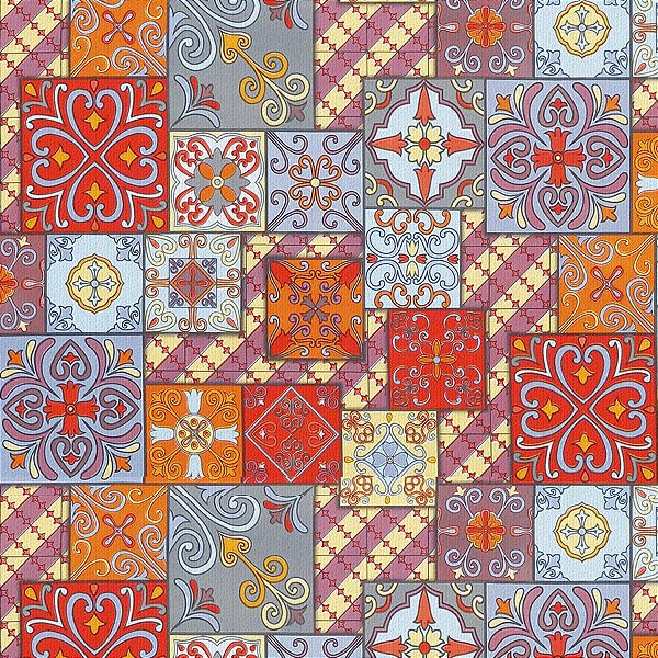 Sintético Corano Estampado Azulejo Português (9292) - 1,40Mt de Largura