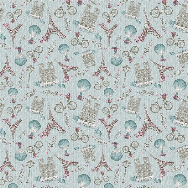 Sintético Corano Estampado Romantic Paris Azul (6442) - 1,40Mt de Largura