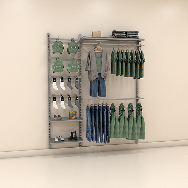 Arara de Parede Conjunto TM com Cremalheira e Prateleiras Modulares