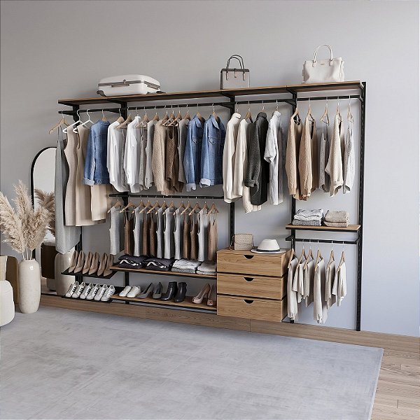 Closet Aberto Modular Malta 300 com 3 Gaveteiros e prateleiras