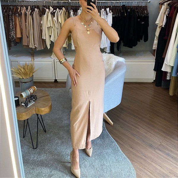 Vestido Longuete Fenda Amarração Costas