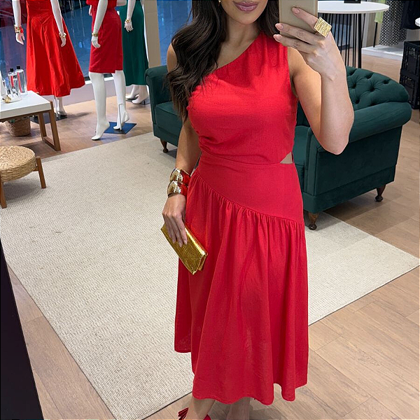 Vestido Vermelho em Linho Um Ombro Só