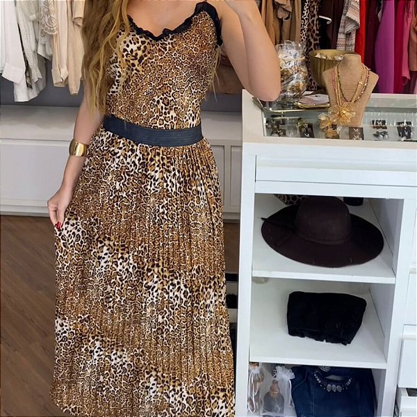 Saia Midi Plissada Animal Print