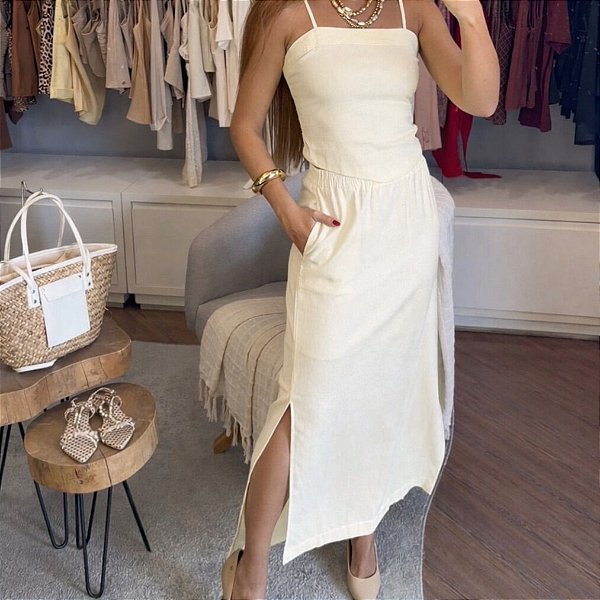 Conjunto em Linho Misto com Blusa de Alças e Saia Midi com Cós Elástico