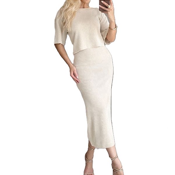 Conjunto Malha Texturizada Blusa e Saia