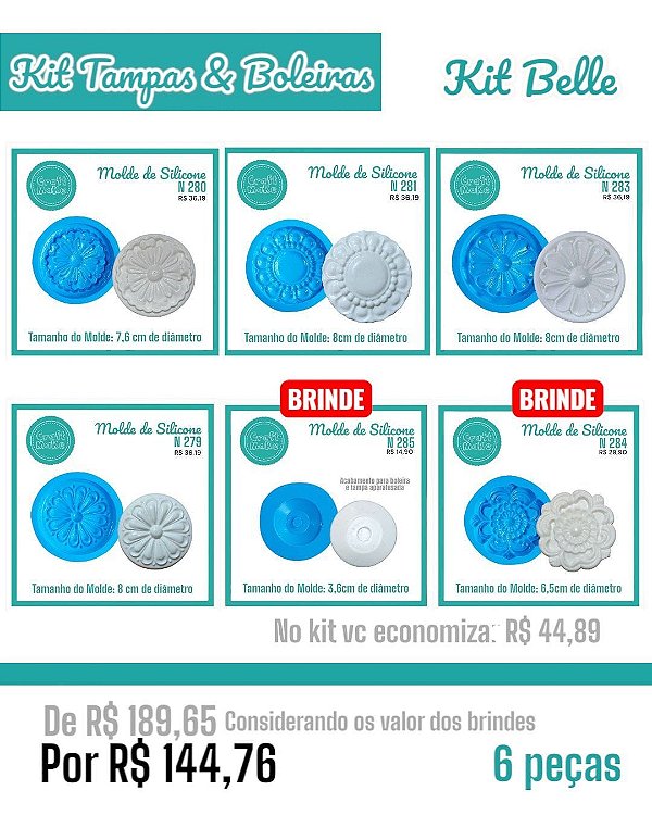 Kit Tampas & Boleiras  - Belle - 4 Moldes + 2 Brindes