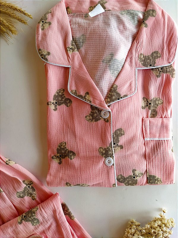 Pijama Americano Manga Comprida Urso Rosa