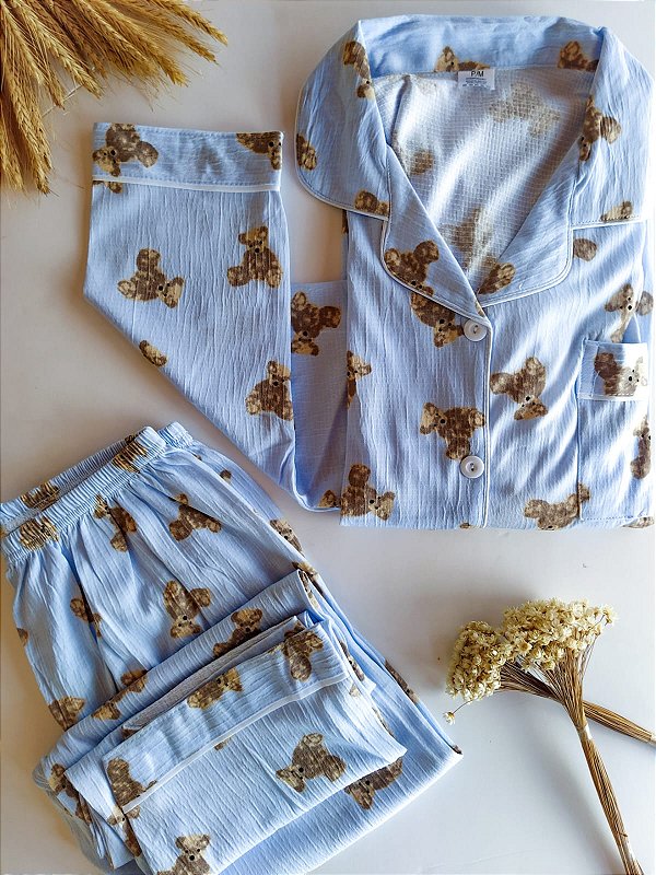 Pijama Americano Manga Comprida Urso Azul