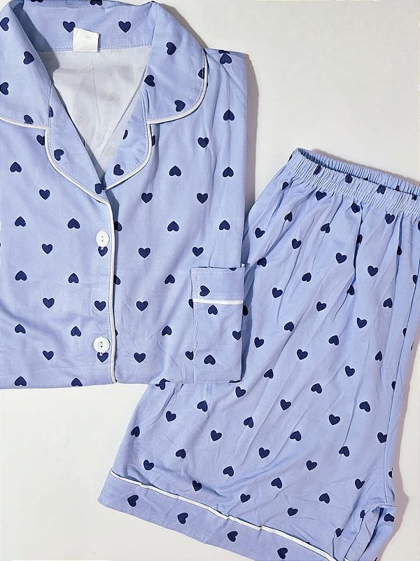 Pijama Americano Coração Azul Short Doll