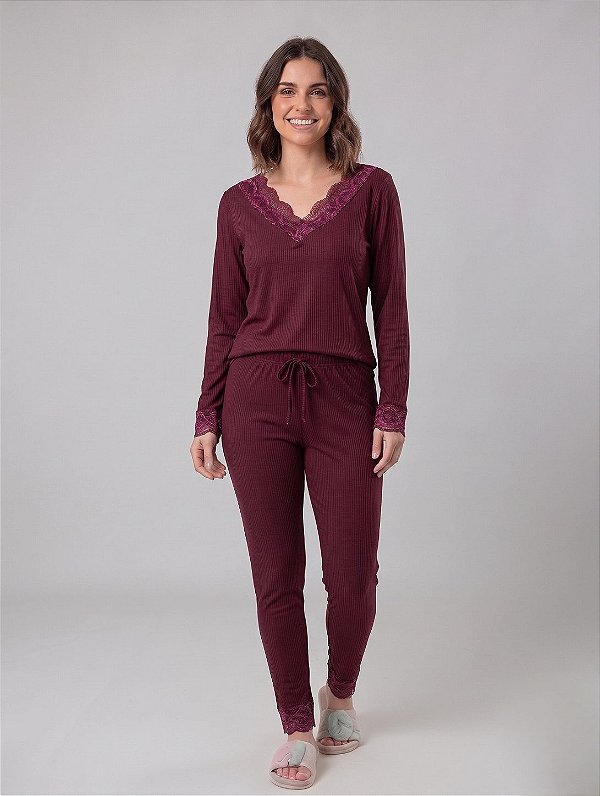 Pijama Suede Canelado Com Renda