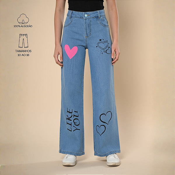 Calça Estampada Coração Jeans Wide Leg