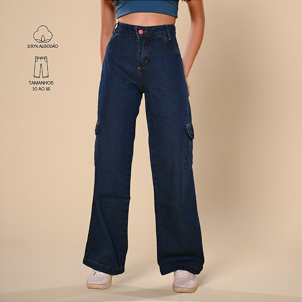 Calça Cargo Escura Jeans Wide Leg