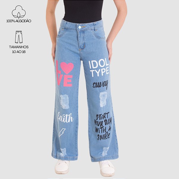Calça Estampada Love Wide Leg Jeans