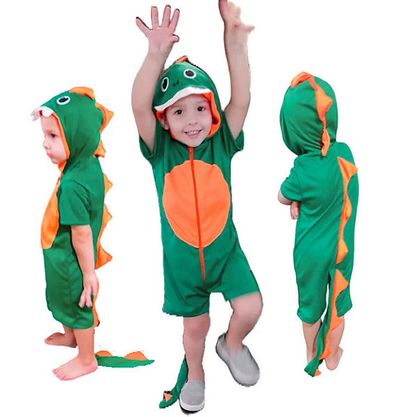 Fantasia Infantil Dinossauro Verde Curto | Pijama Kigurumi Roupa