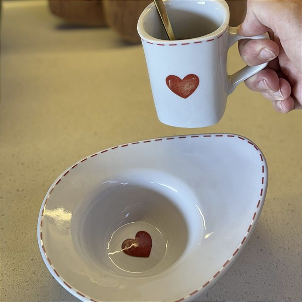 Kit Caneca e Bowl Coração Pontilhado em Porcelana | To Home Decoração