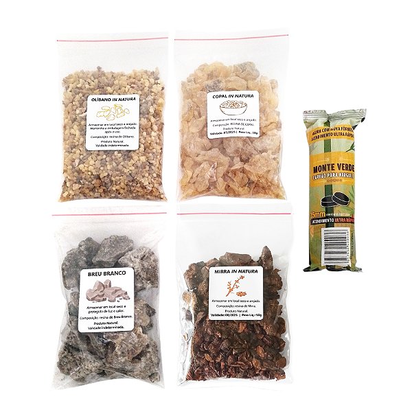 Kit Defumação - Olíbano, Breu Branco, Mirra e Copal + Carvão