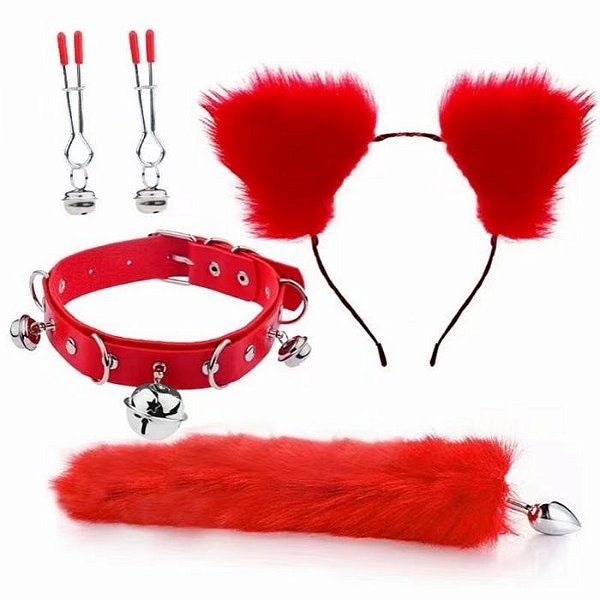 Kit Gatinha PLUG CALDA, PRENDEDOR MAMILO, ORELHAS e COLEIRA (VERMELHA)