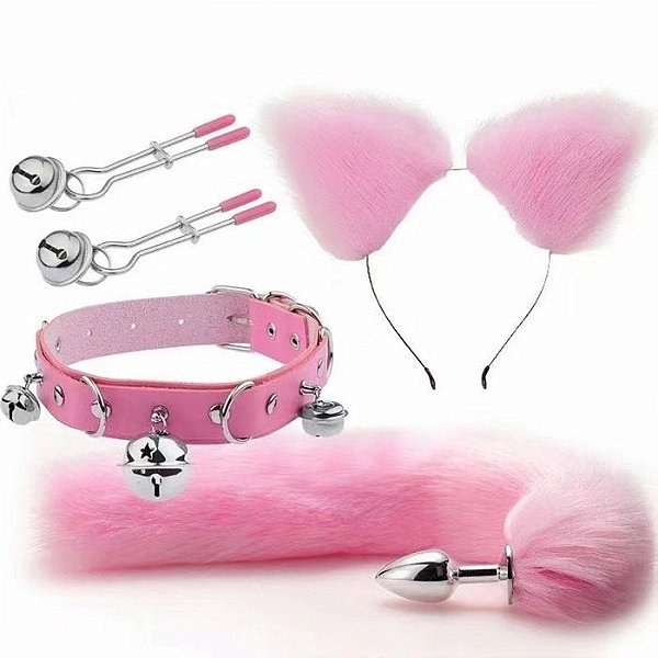 Kit Gatinha PLUG CALDA, PRENDEDOR MAMILO, ORELHAS e COLEIRA (ROSA)