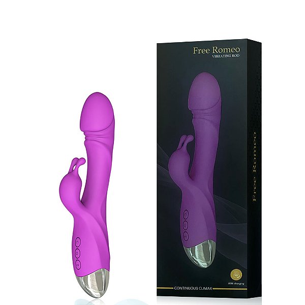 Vibrador ROMEO Recarregável com Detalhe de Glande com Estimulador Clitoriano Formato Coelho Rabbit