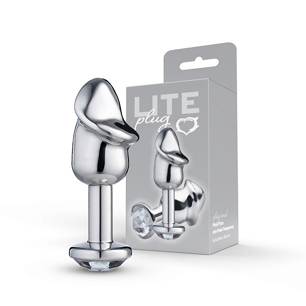 Plug Lite Prata Formato Pênis com Pedra Cristal em ABS