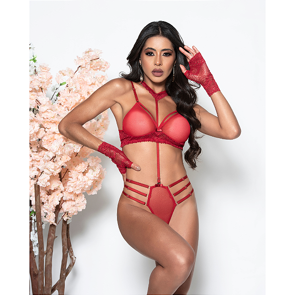 Conjunto Maitê em Renda e Tule com Pescoceira e Luvas Vermelho