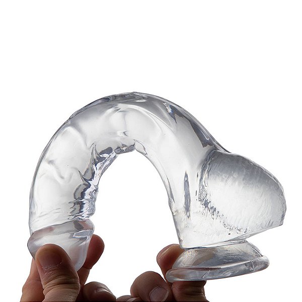 Protese Translúcida 24 x 4cm com 16 Penetrável em Jelly com Ventosa, Possui Glande Pequena e Escroto – GLASSY DILDO