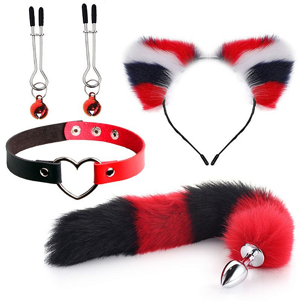 Kit Plug Anal com Orelha, Prendedor e Coleira VERMELHO
