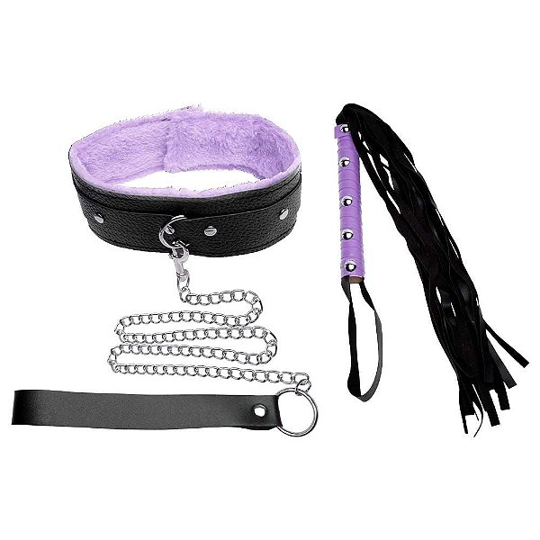 Kit Coleira com Guia Corrente com Chicote Luxo ROXO+PRETA